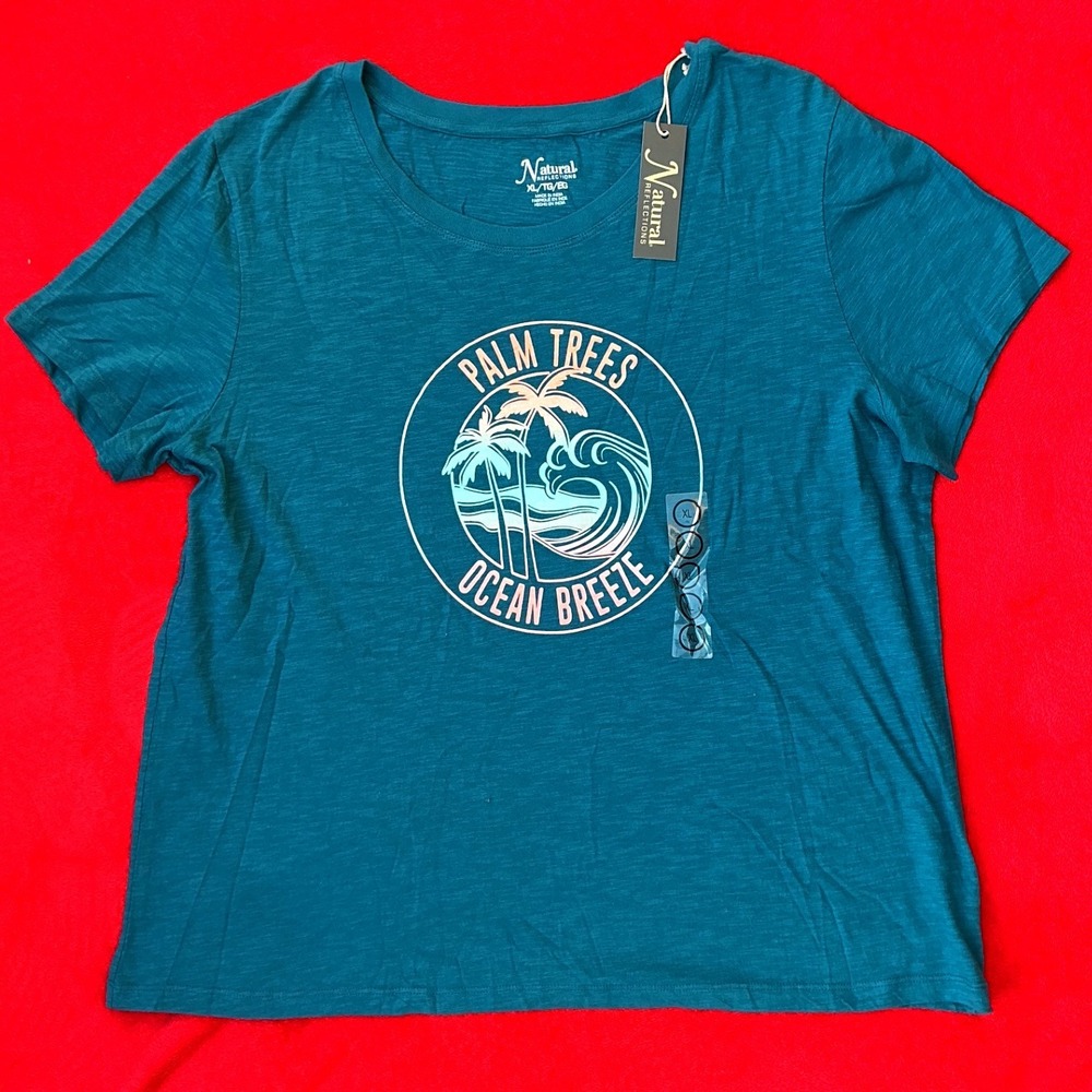 Natural Reflections Graphic Tee Mens XL Teal New Palm Trees Ocean Breeze NWT